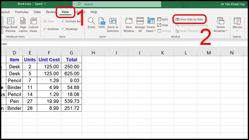 Cách bật chế độ View Side by Side trong Excel bước 1