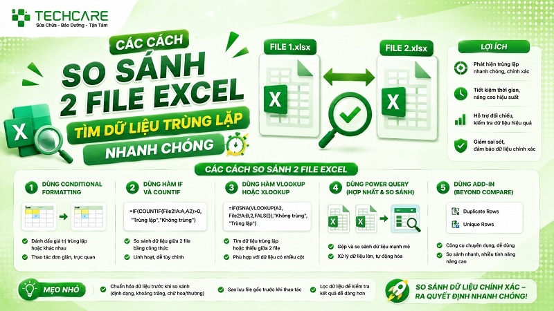 Các cách so sánh 2 file Excel tìm dữ liệu trùng lặp nhanh chóng