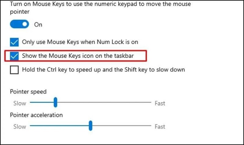 Đánh dấu tích vào ô vuông nằm bên cạnh dòng chữ Show the Mouse Keys icon on the taskbar