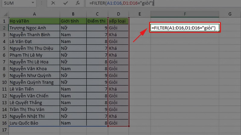 Nhập công thức FILTER vào thanh công thức Nhập công thức FILTER vào thanh công thức