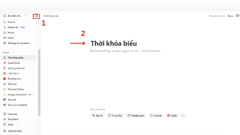 Bảng thời khóa biểu theo tuần được tạo trong Notion bước 1