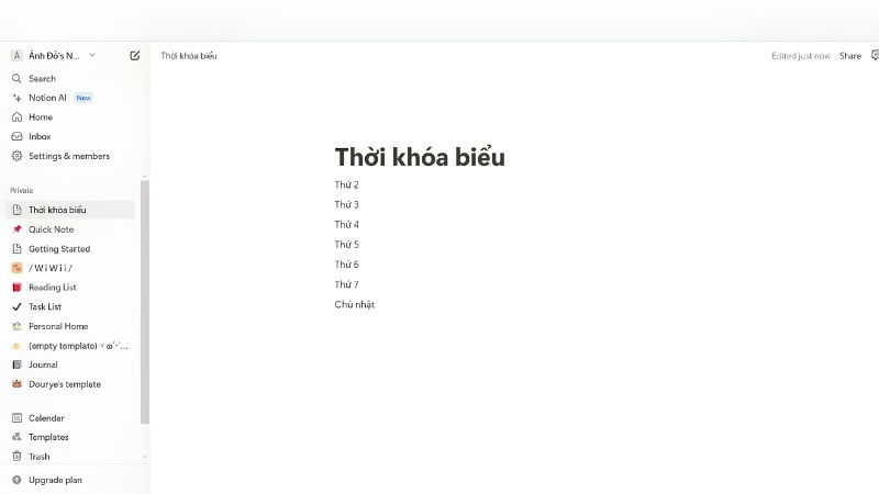 Bảng thời khóa biểu theo tuần được tạo trong Notion bước 2