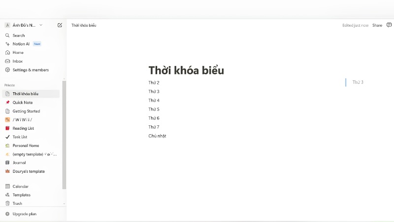 Bảng thời khóa biểu theo tuần được tạo trong Notion bước 3