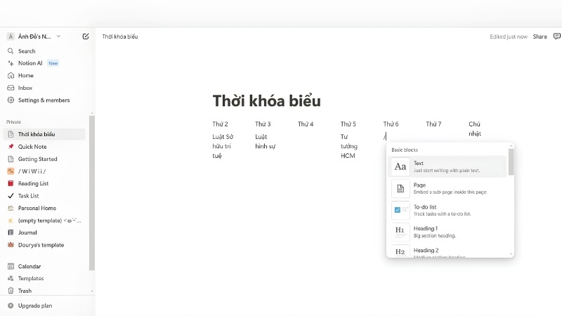 Bảng thời khóa biểu theo tuần được tạo trong Notion bước 4