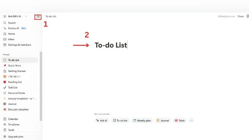 Danh sách to-do list trong Notion với các ô tick hoàn thành bước 1
