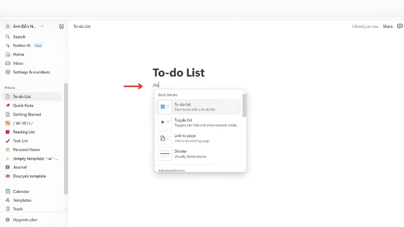 Danh sách to-do list trong Notion với các ô tick hoàn thành bước 2