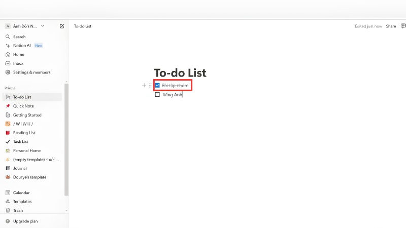 Danh sách to-do list trong Notion với các ô tick hoàn thành bước 3