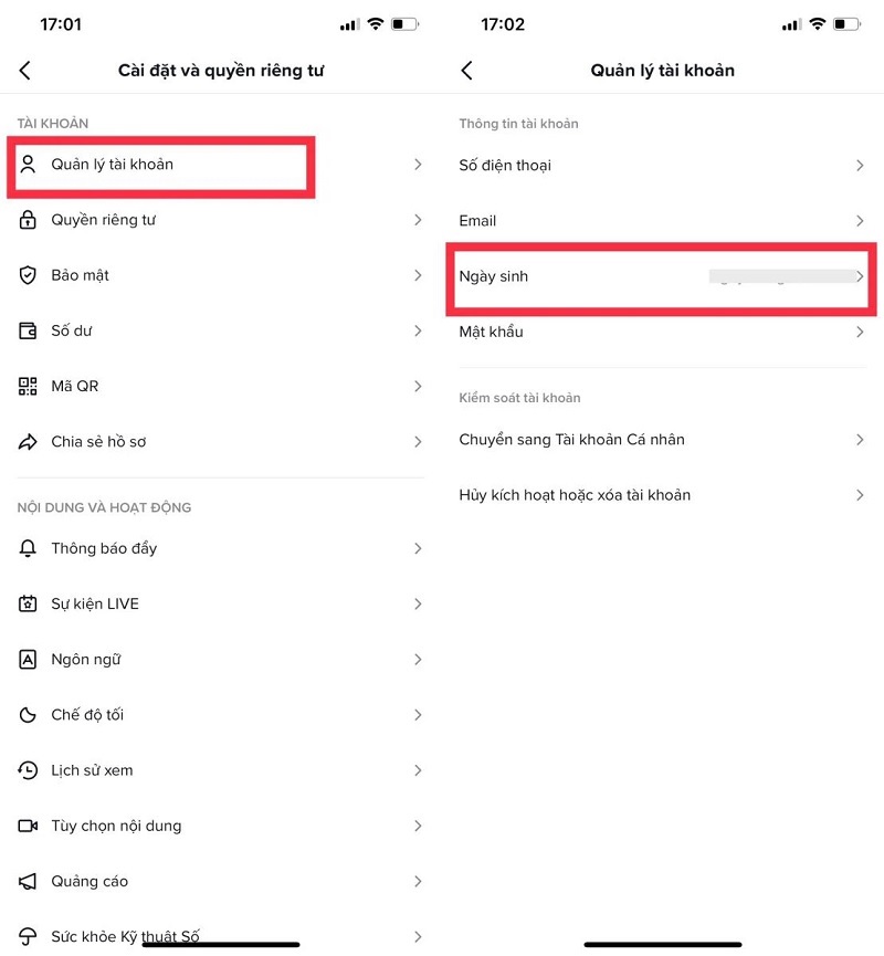 Chọn vào mục Quản lý tài khoản