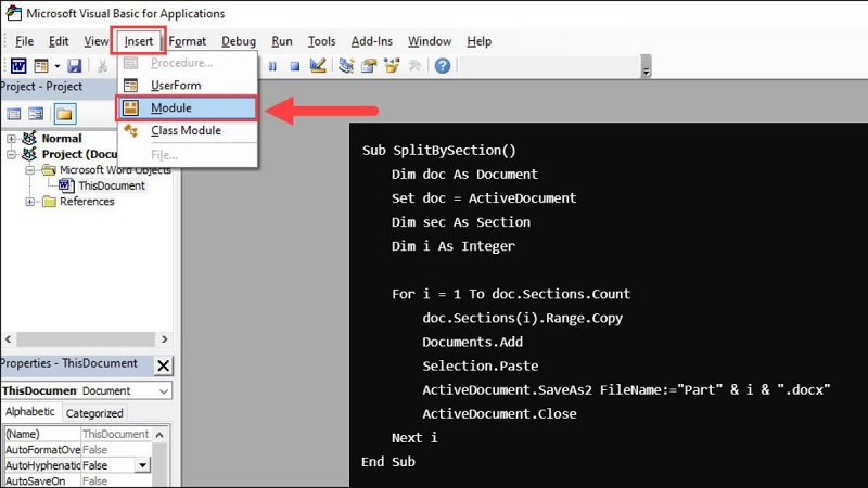 Thêm Module mới trong VBA để chạy mã tách file Word