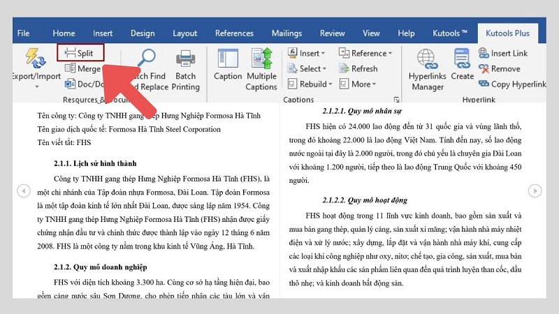 Chọn Split Document trong Kutools for Word để tách file