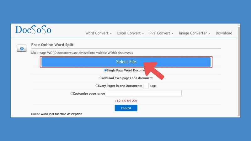 Tải file Word lên trang Docsoso để bắt đầu tách file online