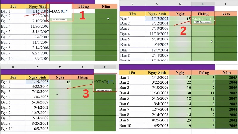 Nhập hàm DAY vào ô D7 để tách ngày trong Excel Nhập hàm DAY vào ô D7 để tách ngày trong Excel