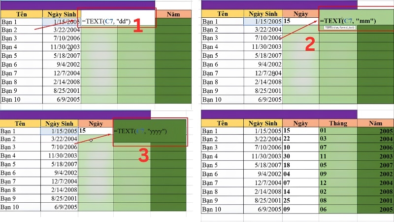 Tách ngày tháng năm trong Excel bằng hàm TEXT với định dạng dd, mm, yyyy Tách ngày tháng năm trong Excel bằng hàm TEXT với định dạng dd, mm, yyyy