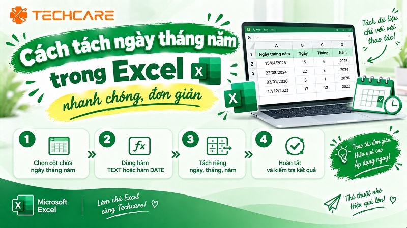 Cách tách ngày tháng năm trong Excel nhanh chóng, đơn giản