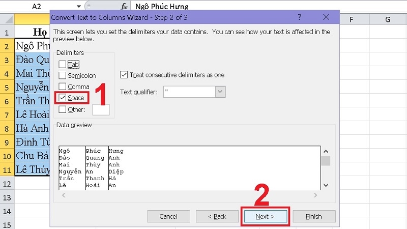 Tích chọn Space làm ký tự phân tách trong hộp thoại Text to Columns