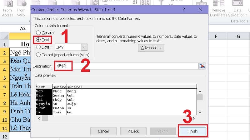Kết quả sau khi tách họ và tên thành các cột riêng biệt trong Excel