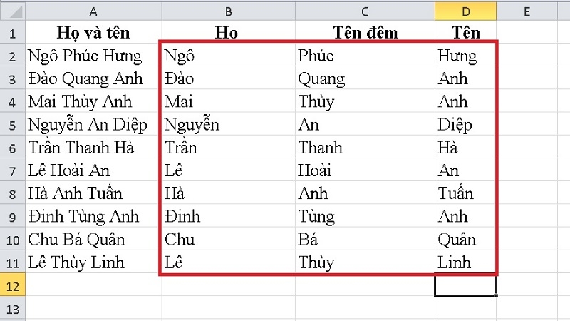Kết quả của tách tên bằng công cụ Text to Columns