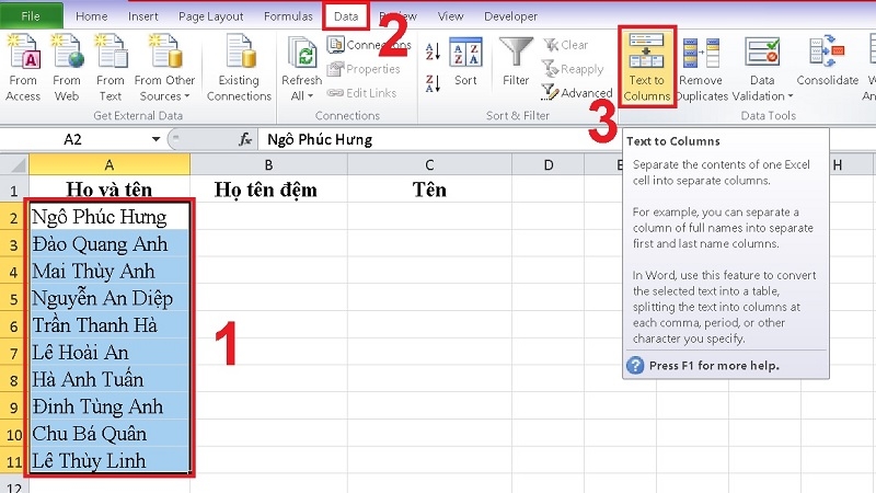 Vị trí nút Text to Columns trong thẻ Data trên thanh công cụ Excel