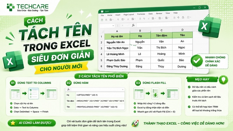 Cách tách tên trong Excel siêu đơn giản cho người mới