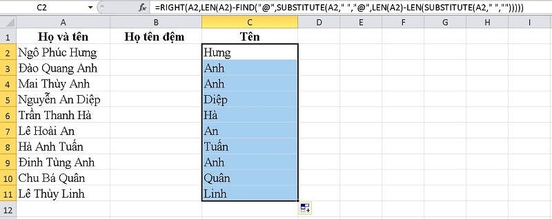 Tách tên bằng công thức bước 2