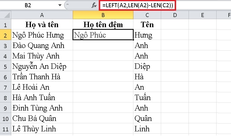 Tách tên bằng công thức bước 3