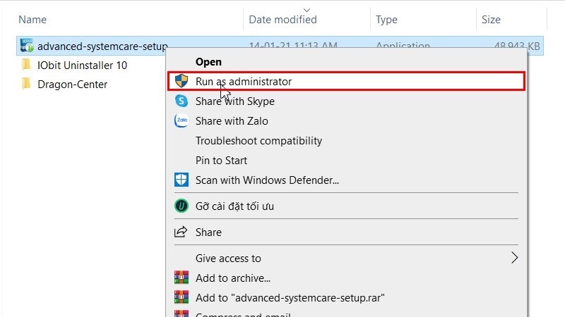 Nhấn vào mục Run as administrator