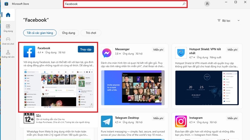 Giao diện Microsoft Store với ô tìm kiếm và kết quả tìm ứng dụng Facebook Giao diện Microsoft Store với ô tìm kiếm và kết quả tìm ứng dụng Facebook