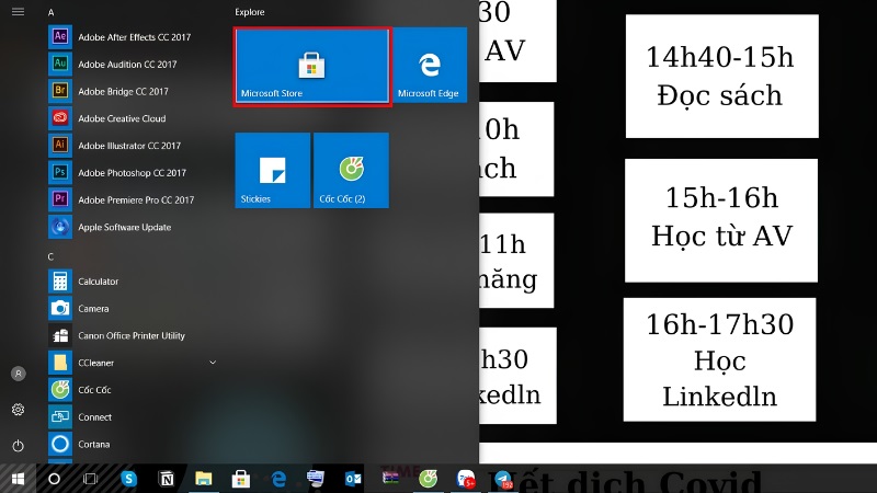 Màn hình Start Menu với ô tìm kiếm "Store" Màn hình Start Menu với ô tìm kiếm "Store"