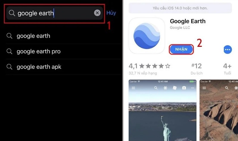 Trở lại App Store để tìm kiếm và cài Google Earth