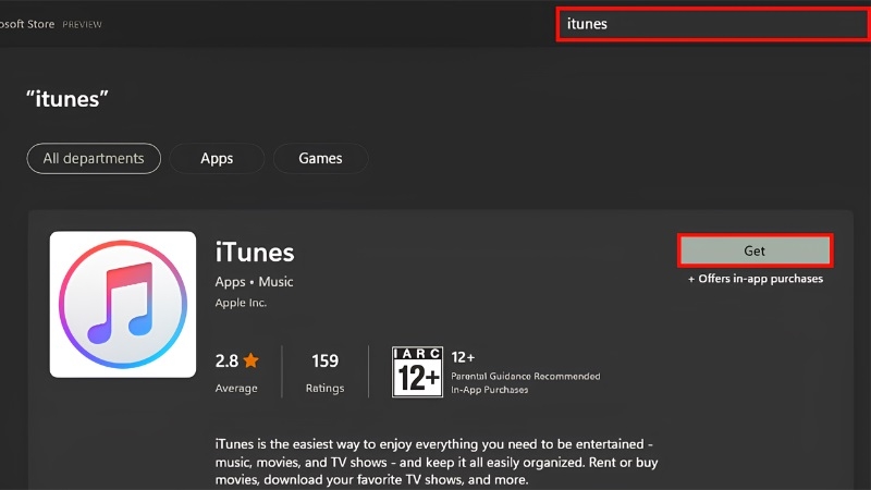 Tìm kiếm và cài đặt iTunes trên Microsoft Store bước 2 Tìm kiếm và cài đặt iTunes trên Microsoft Store bước 2