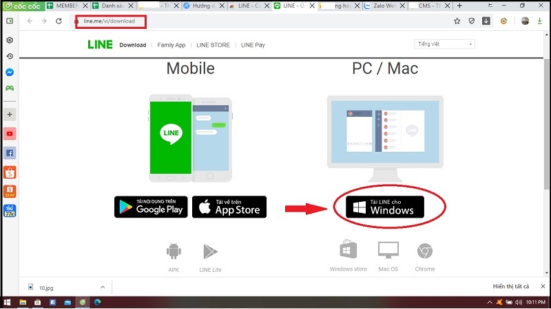 Chọn vào mục Tải Line cho Windows