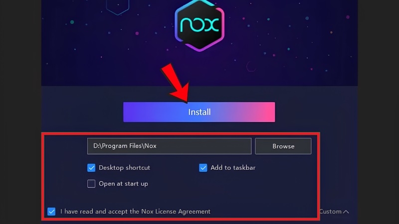Màn hình cài đặt NoxPlayer, bấm Install Màn hình cài đặt NoxPlayer, bấm Install