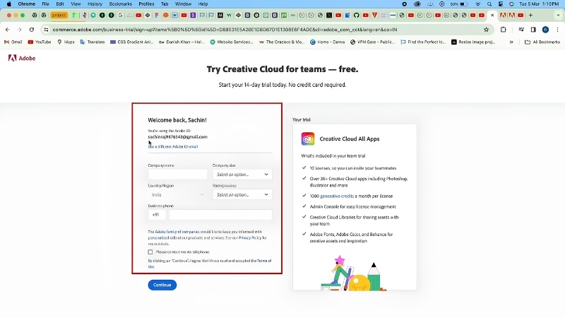 Giao diện đăng nhập/tạo tài khoản Adobe