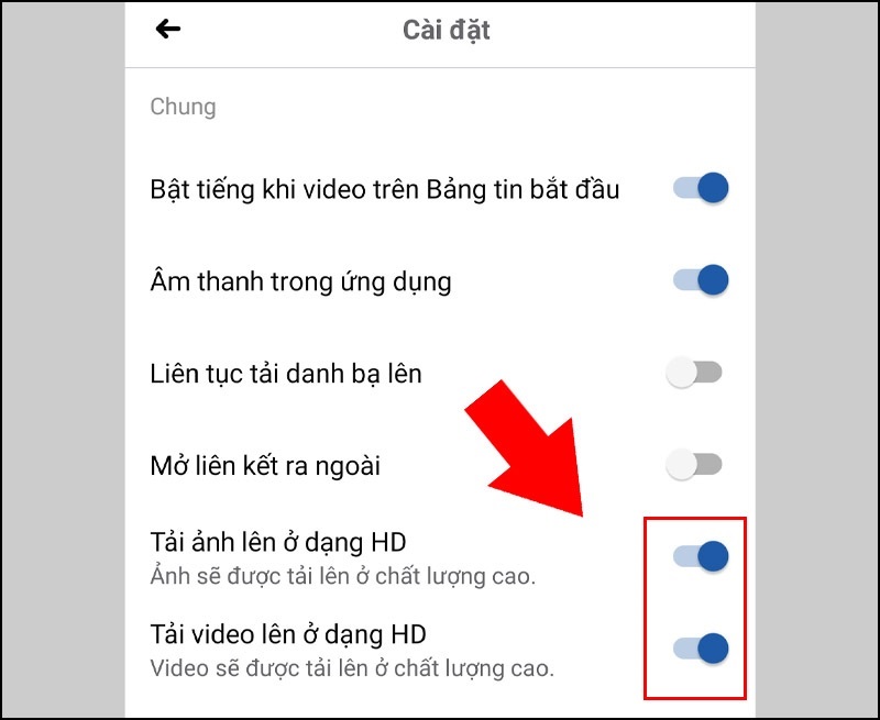 Gạt thanh trượt ở mục Tải ảnh lên ở dạng HD và Tải video lên ở dạng HD