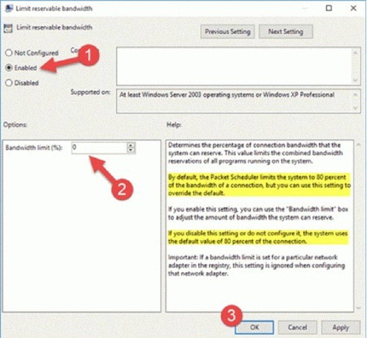 Chuyển 80% xuống 0% để được phép sử dụng băng thông tối đa