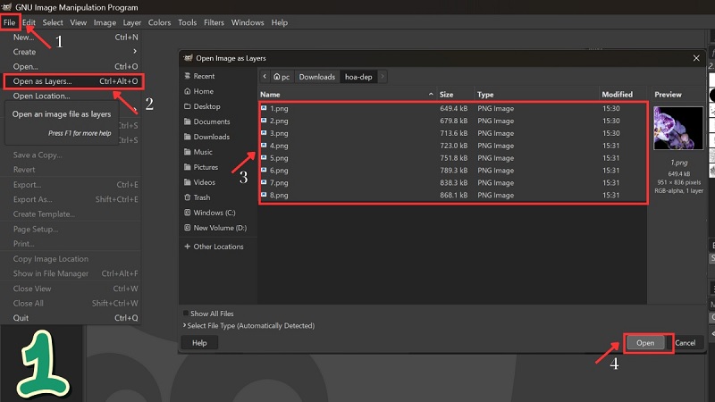 Menu File trong GIMP với mục Open as Layers được chọn để nhập nhiều ảnh cùng lúc