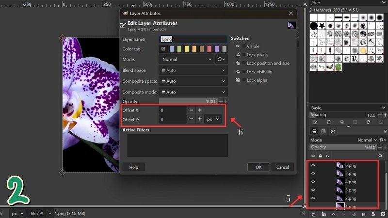 Hộp thoại Layer Attributes trong GIMP hiển thị ô Offset X và Offset Y bằng 0