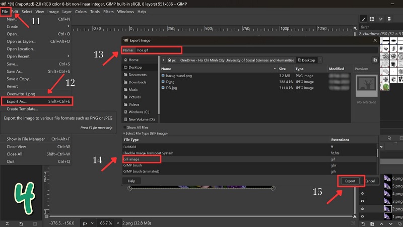 Hộp thoại xuất GIF trong GIMP với các tùy chọn As animation, Loop forever và Delay between frames
