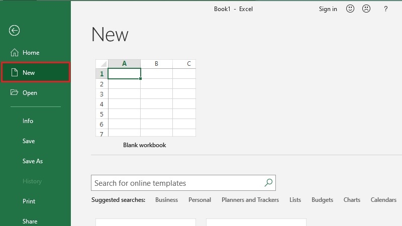 Chọn New để xem danh sách mẫu trong Excel