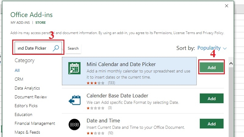 Tìm và thêm tiện ích Mini Calendar and Date Picker