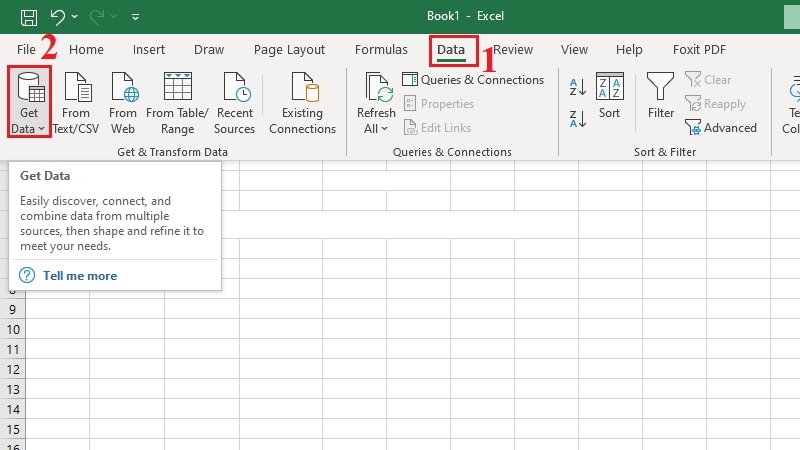 Vào thẻ Data, nhấn vào Get Data