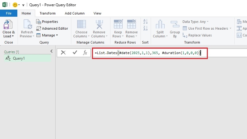 Kết quả danh sách ngày tạo bằng Power Query