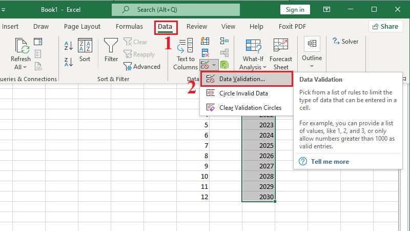 Tạo danh sách chọn tháng và năm bằng Data Validation