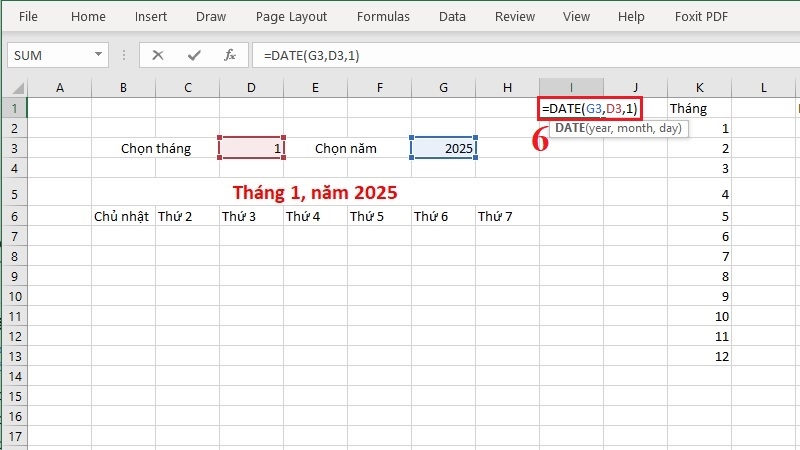 Gõ công thức =DATE(I3,D3,1)