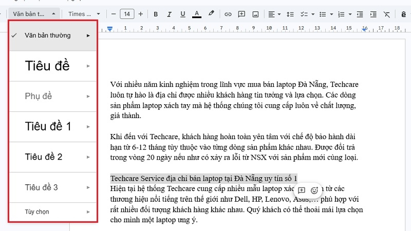 Mở danh sách kiểu chữ trong Google Docs để chọn Heading Mở danh sách kiểu chữ trong Google Docs để chọn Heading
