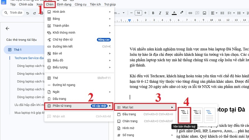 Chèn mục lục tự động trong Google Docs từ menu Chèn Chèn mục lục tự động trong Google Docs từ menu Chèn