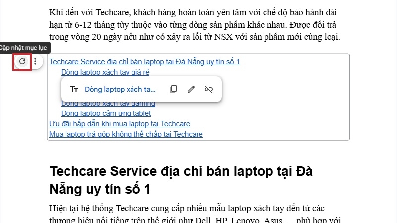 Cập nhật mục lục Google Docs bằng nút làm mới Cập nhật mục lục Google Docs bằng nút làm mới