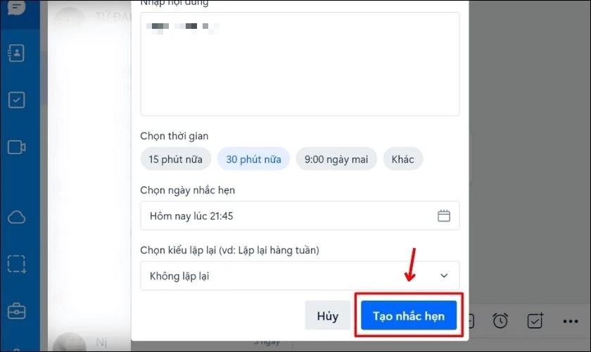 Chọn vào nút Tạo nhắc hẹn