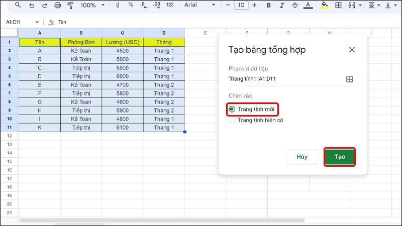 Hộp thoại chọn vị trí tạo bảng Pivot Table Hộp thoại chọn vị trí tạo bảng Pivot Table