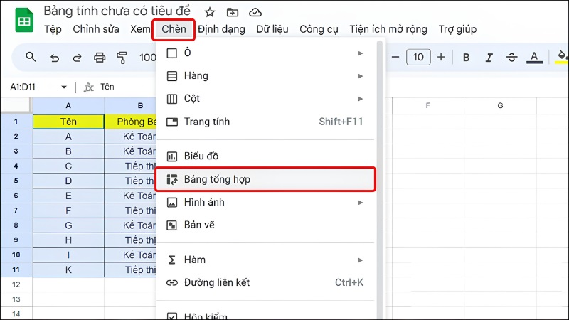 Chọn mục Chèn rồi chọn Bảng tổng hợp Chọn mục Chèn rồi chọn Bảng tổng hợp